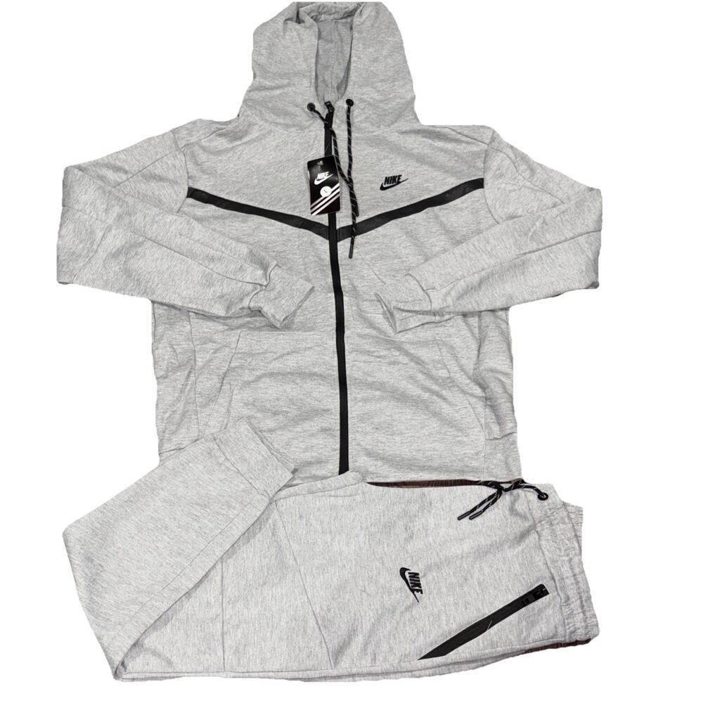 Nike Tech Fleece Set Mens Full Zip Hoodie Jogger Pants 2-piece Set. Large-Gray